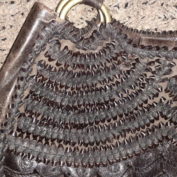 GIANFRANCO FERRE-Brown Gathered Looped Distressed Leather - Picture 3 of 10